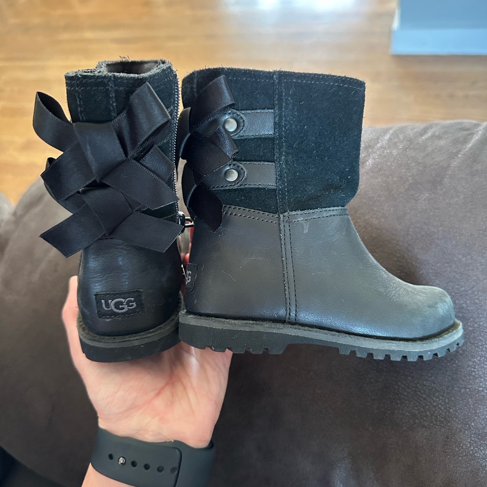 UGG Black Leather Boots with Ribbon Accents